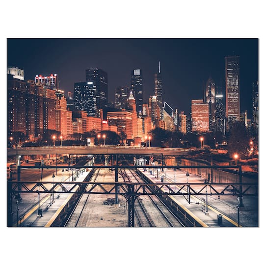 Designart - Dark Chicago Skyline and Railroad